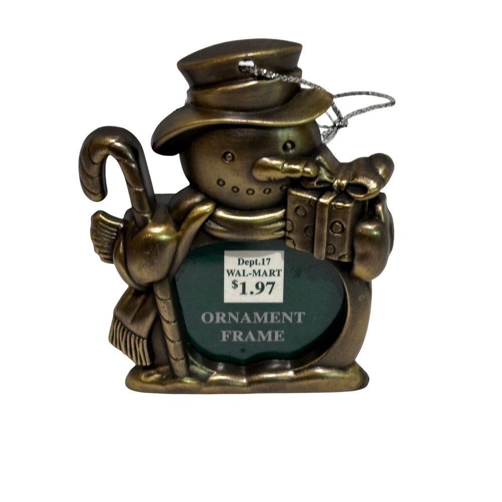 Vintage Snowman Ornament Picture Frame Bronze Tone Metal Holiday Decor quiet Lux